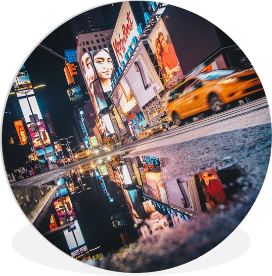 WallCircle - Wandcirkel ⌀ 30 - New York - Reflectie - Taxi - Ronde schilderijen woonkamer - Wandbord rond - Muurdecoratie cirkel - Kamer decoratie binnen - Wanddecoratie muurcirkel - Woonaccessoires
