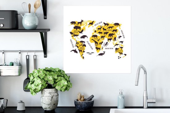 Décoration murale - Wereldkaart - Animaux - Jaune - 50x50 cm - Affiche