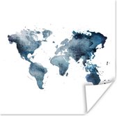 Poster Wereldkaart - Waterverf - Blauw - 30x30 cm
