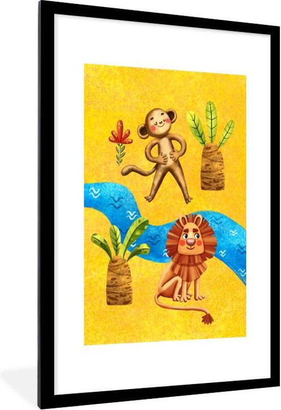 Poster Aap - Leeuw - Palmboom - Water