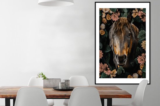 Affiche avec cadre Cheval - Fleurs - Feuilles - 80x120 cm