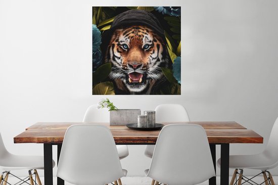 Poster Tijger - Bloemen - Blauw - 75x75 cm