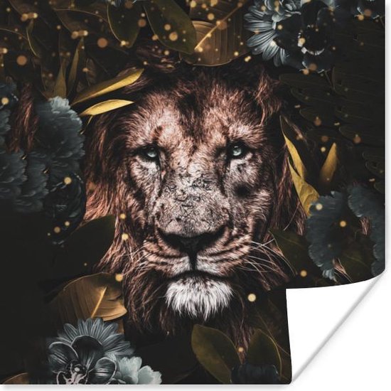Poster Leeuw - Wilde dieren - Bloemen - Licht - 30x30 cm