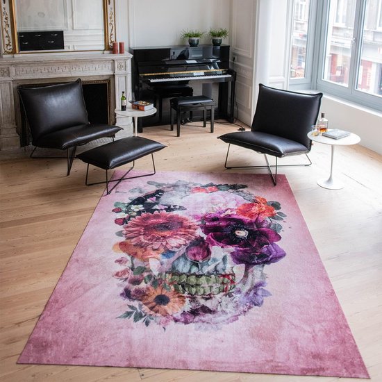 Vloerkleed laagpolig Studio M HOME - Tapijt woonkamer - Tapijt slaapkamer - Vloerkleed vintage skull - 185 x 260 cm - Doodshoofd met bloemen - Roze