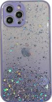 iPhone 12 Transparant Glitter Hoesje met Camera Bescherming - Back Cover Siliconen Case TPU - Apple iPhone 12 - Paars