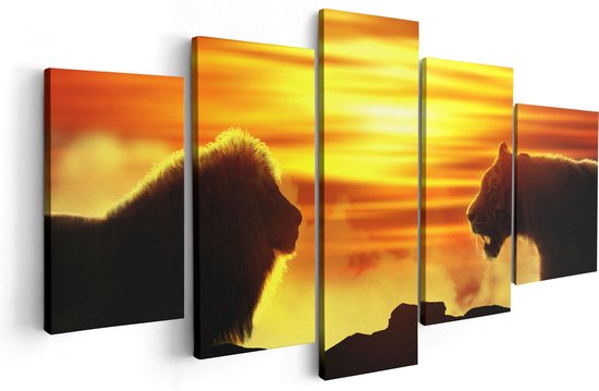 Artaza Canvas Schilderij Vijfluik Leeuw En Tijger - Silhouet - Zonsopkomst - 100x50 - Foto Op Canvas - Canvas Print