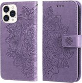 7-bloemblaadjes bloemen reliëfpatroon horizontale flip PU lederen tas met houder & kaartsleuven & portemonnee & fotolijst voor iPhone 13 Pro Max (lichtpaars)