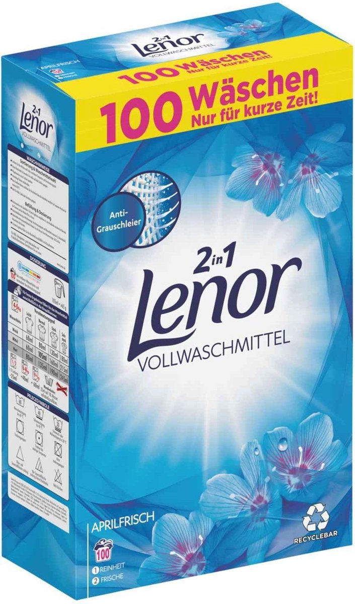 Goedkoopste LENOR 2 IN 1 WASPOEDER APRILFRIS 100 WASBEURTEN 6.5 KILO XXXL