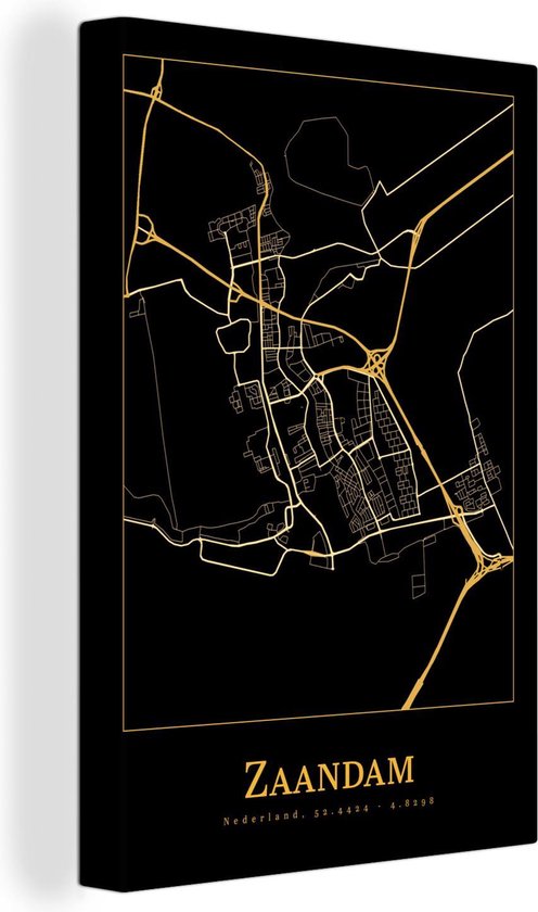 Toile Peinture Carte - Zaandam - Or - Zwart - 120x180 cm - Décoration murale XXL