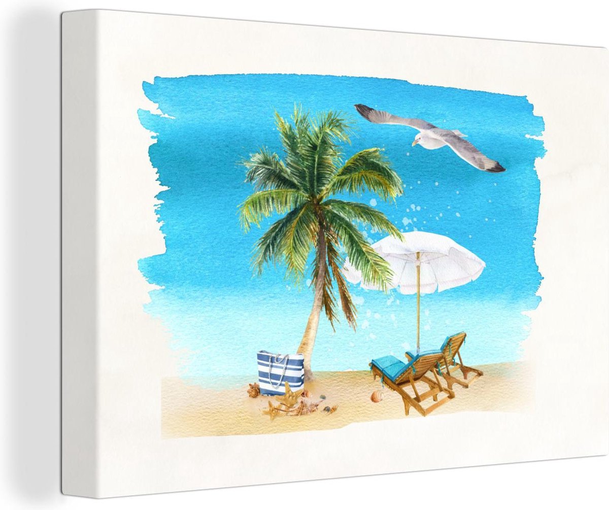 Canvas schilderij 140x90 cm - Wanddecoratie Strandstoel - Parasol - Palmbomen - Strand - M
