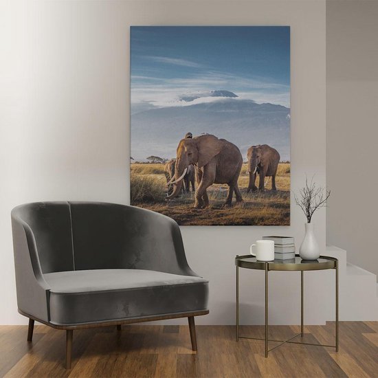 Artaza - Peinture Sur Toile - Groupe D'éléphants Marchant Devant Les Montagnes - 80x100 - Groot - Photo Sur Toile - Impression Sur Toile
