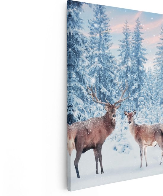 Artaza - Peinture sur toile - Deux cerfs dans la forêt avec neige - 40x60 - Photo sur toile - Impression sur toile