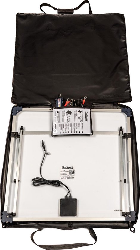 OptiMate Solar 80W Travel Kit Zonnepaneel Acculader 12V 6.67A – Complete Solar Laadset met Paneel, Regelaar, Standaard, Kabels & Draagtas – Voor Auto, Motor, Boot & Camper Accu’s