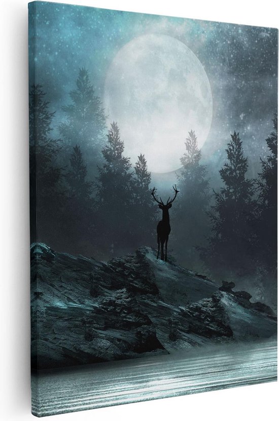 Artaza - Peinture sur toile - Cerf sur un rocher pendant la pleine lune - 40x50 - Photo sur toile - Impression sur toile