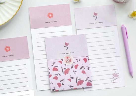 Bloemen Briefpapier Set | Kersenbloesem Roze Bloem | Roze Paars | Briefpapier | Papier voor Brieven | Mooi Papier | Versierd Papier | Stickers | Zegels | Penvrienden | Bloemen Planten