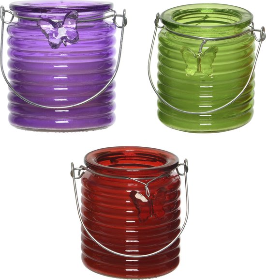 Set van 3x stuks citronella anti muggen kaarsen windlicht paars, groen en rood 20 branduren