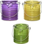 Set van 3x stuks citronella anti muggen kaarsen windlicht paars, geel en groen 20 branduren