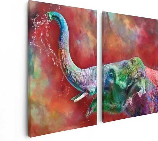 Artaza Canvas Schilderij Tweeluik Getekende Vrolijke Olifant - Abstract - 80x60 - Foto Op Canvas - Canvas Print