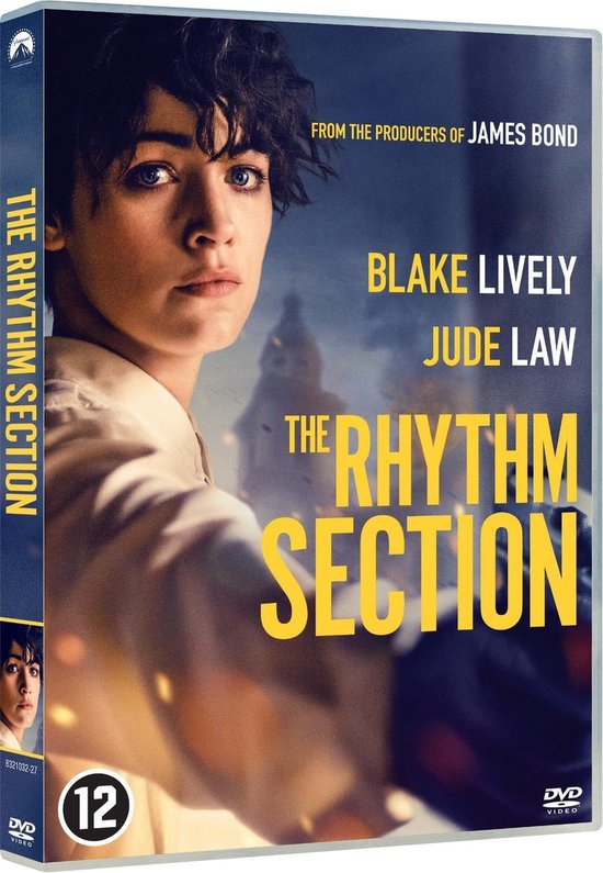 DVD hoes van 'The Rhythm Section' met Blake Lively in close-up, met de tekst 'FROM THE PRODUCERS OF JAMES BOND'.