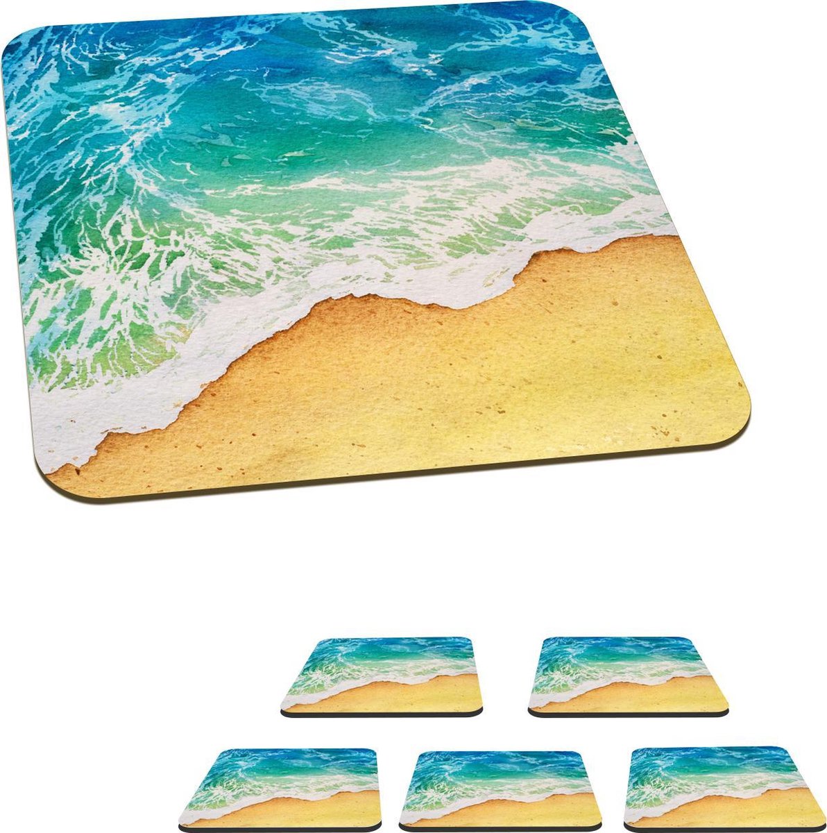 Onderzetters voor glazen - Strand - Zee - Golf - 10x10 cm - Glasonderzetters - 6 stuks