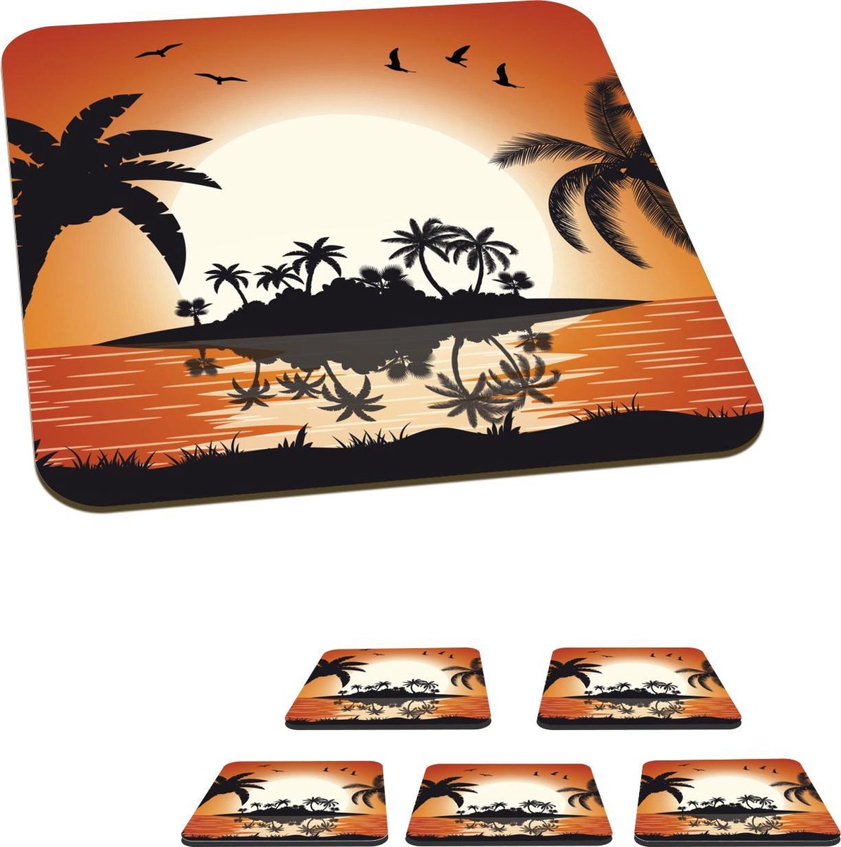 Onderzetters voor glazen - Zon - Eiland - Zee - 10x10 cm - Glasonderzetters - 6 stuks