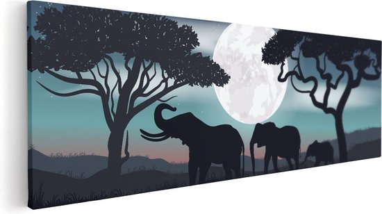 Artaza Canvas Schilderij Olifanten Silhouet Tijdens Volle Maan - 120x40 - Groot - Foto Op Canvas - Canvas Print