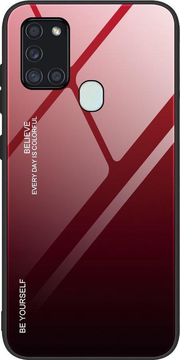Duurzame hoes van gradiëntglas met achterkant van gehard glas Geschikt voor Samsung Galaxy A21S zwart-rood