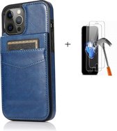 GSMNed – iPhone 12/12 Pro – Leren telefoonhoes Blauw – Luxe iPhone 12/12 Pro hoesje – pasjeshouder met sluiting – Portemonnee – Blauw – met screenprotector
