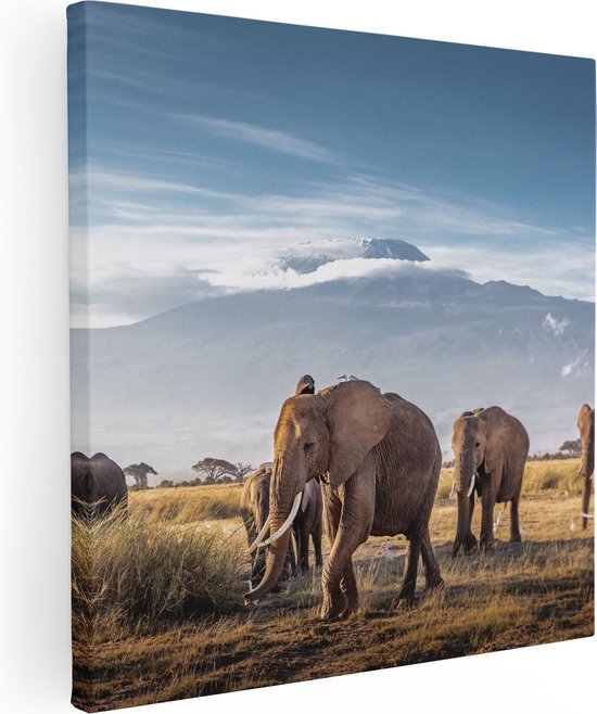 Artaza - Peinture Sur Toile - Groupe D'éléphants Marchant Devant Les Montagnes - 30x30 - Klein - Photo Sur Toile - Impression Sur Toile