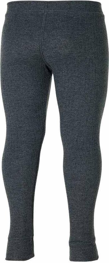 Achterkant donkergrijze gebreide legging met ribbelstructuur.
