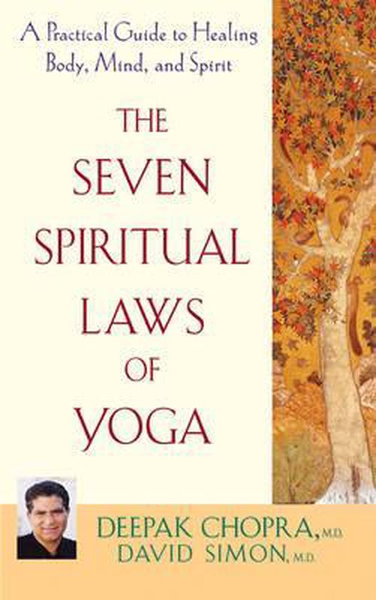 Boek "The Seven Spiritual Laws of Yoga" door Deepak Chopra en David Simon, met een illustratie van een boom met herfstbladeren.