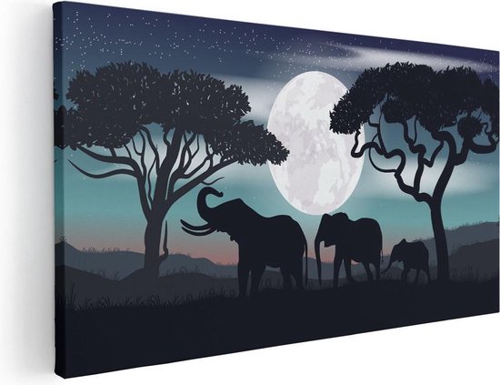 Artaza Canvas Schilderij Olifanten Silhouet Tijdens Volle Maan - 120x60 - Groot - Foto Op Canvas - Canvas Print