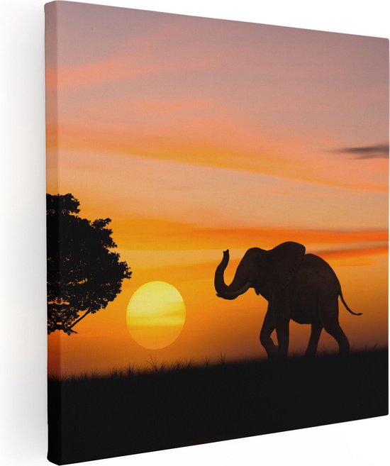 Artaza Canvas Schilderij Olifant Silhouet Tijdens Zonsondergang  - 40x40 - Klein - Foto Op Canvas - Canvas Print