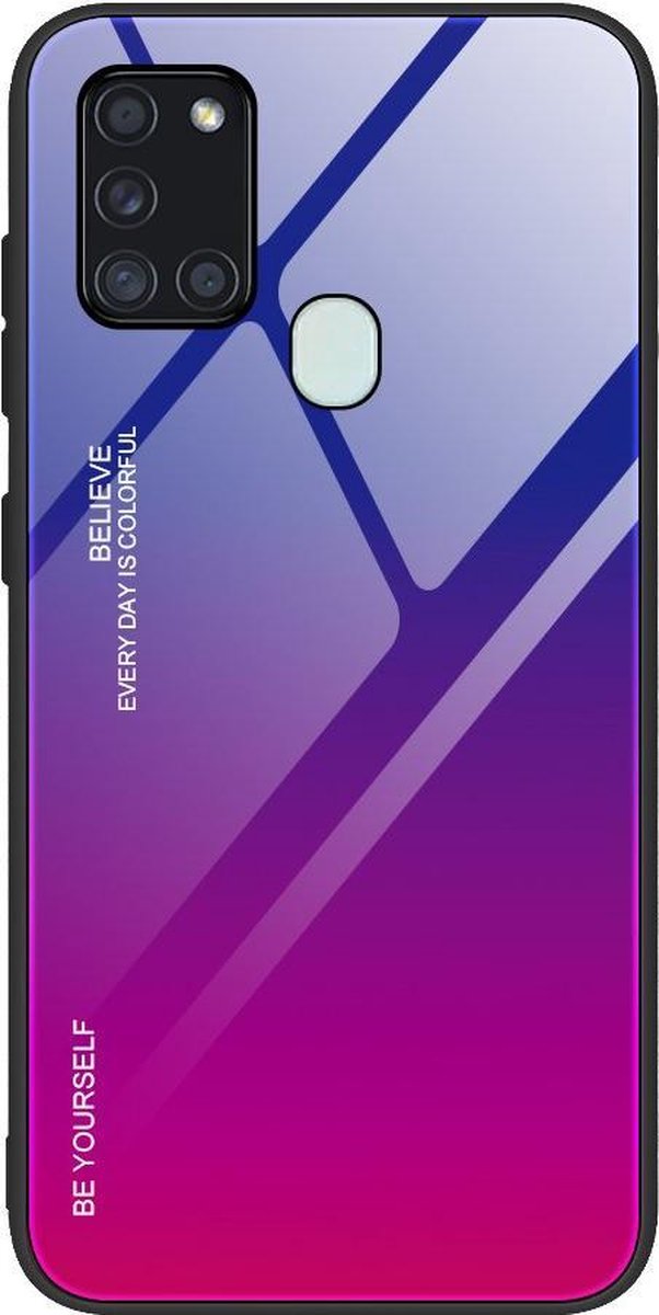 Duurzame hoes van gradiëntglas met achterkant van gehard glas Samsung Galaxy A21S roze-paars