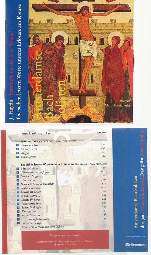 CD-hoes met schilderij van de kruisiging van Christus, met links en rechts discipelen en een engel. Tekst in het Nederlands en Duits.