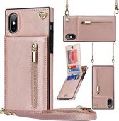 Cross-body Rits Vierkant TPU + PU Achterkant Case met houder & kaartsleuven & portemonnee & riem voor iPhone XS / X (rosé goud)