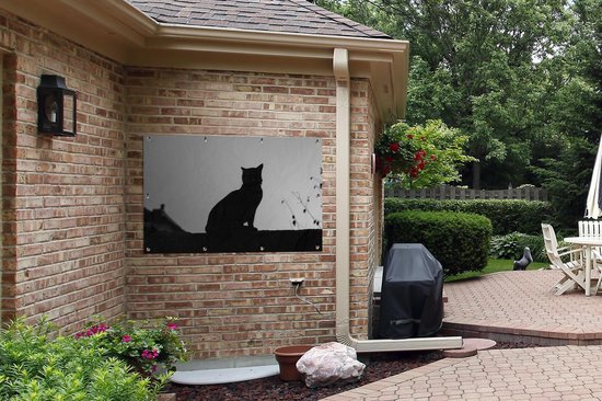 Affiche jardin - Toile Posters de jardin extérieur - Silhouette de chat - noir et blanc - 120x80 cm - Jardin