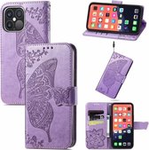 Butterfly Love Flower reliëf horizontale flip lederen tas met beugel / kaartsleuf / portemonnee / lanyard voor iPhone 13 Pro Max (lichtpaars)