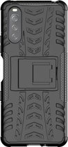 Voor Sony Xperia 10 III Tyre Texture Schokbestendig TPU + pc-beschermhoes met houder (zwart)