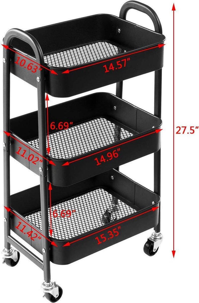 Zwarte 3-laags Opbergwagen Met Houten Blad, Vier Wielen, Strak Design Ideaal Voor Keukens Aanbieding 54932574