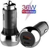 36W Metalen Auto Lader - 2 Poorten - (USB-C Female + USB QC 3.0) Oplader - Smartphones en Tablets