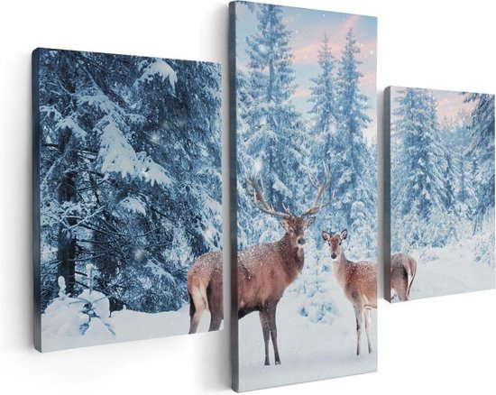 Artaza - Triptyque de peinture sur toile - Deux cerfs dans la forêt avec de la neige - 90x60 - Photo sur toile - Impression sur toile