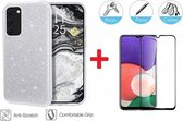 2-In-1 Screenprotector Glitter Hoesje Bescherming Set Geschikt Voor Samsung Galaxy A22 5G (6.6 Inch) - Full Cover 3D Edge Tempered Glass Screen Protector Met Siliconen Back Bumper Hoes Cover 