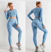 Sportkleding dames. Yogabroek dames. 2 delige set. Yoga legging dames/ Yoga top lange mouwen. Kleur blauw. Maat L