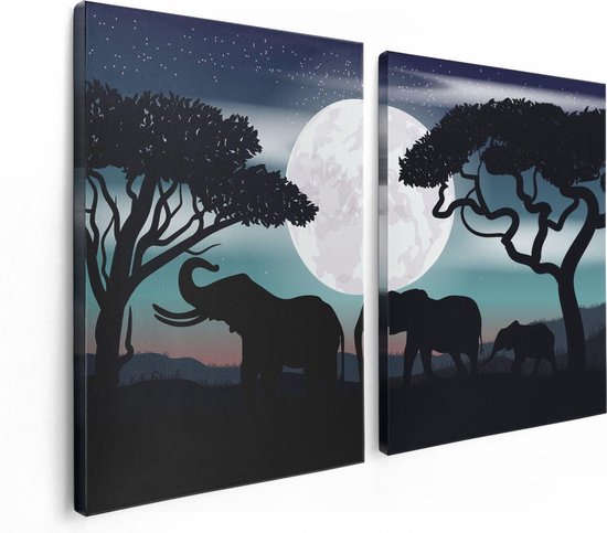 Artaza Canvas Schilderij Tweeluik Olifanten Silhouet Tijdens Volle Maan - 120x80 - Foto Op Canvas - Canvas Print