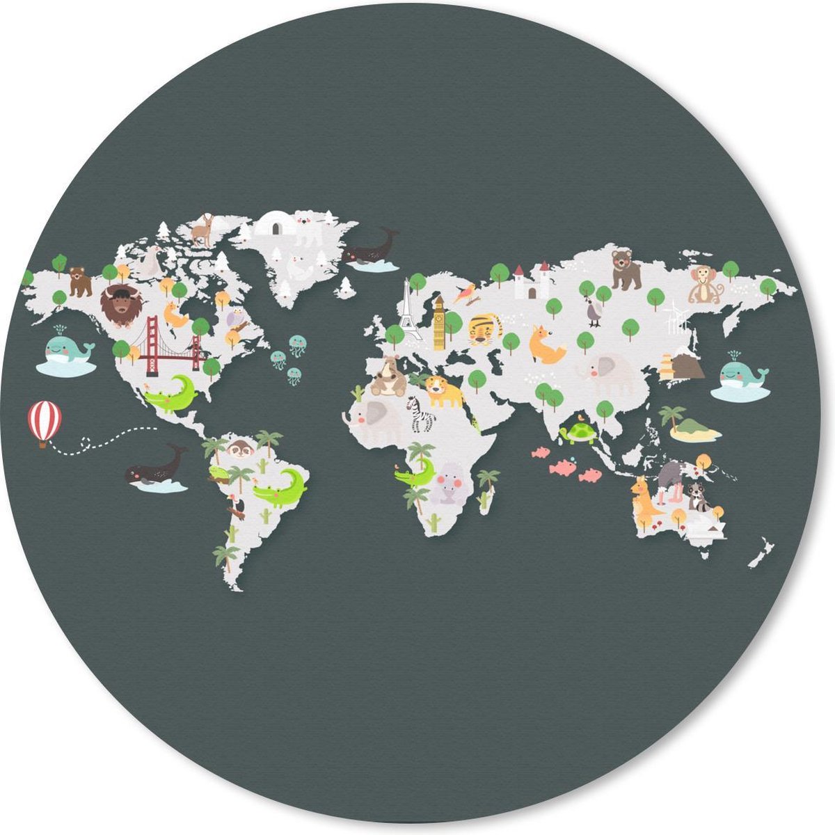 Muismat rond 30x30 cm - Mousepad Wereldkaart - Kinderen - Dieren - Ronde muismatten