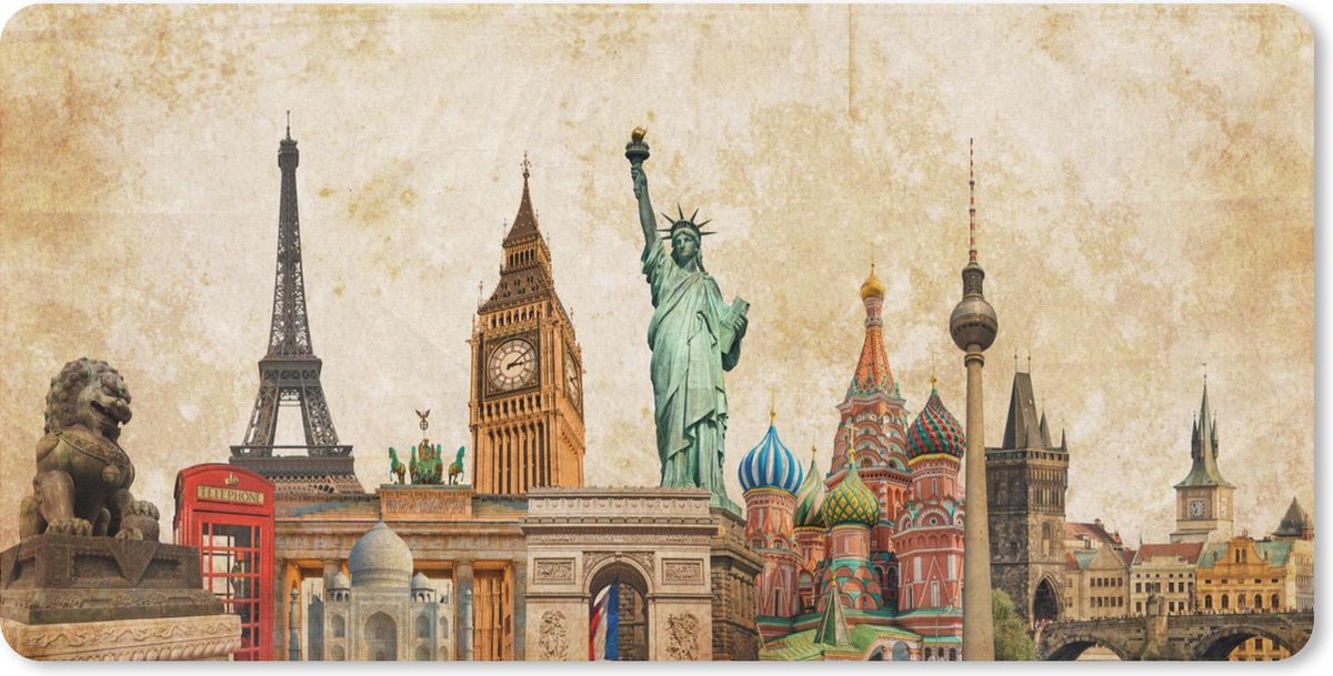Bureau onderlegger - Muismat - Bureau mat - Amerika - Vintage - Gebouwen - Collage - 80x40 cm