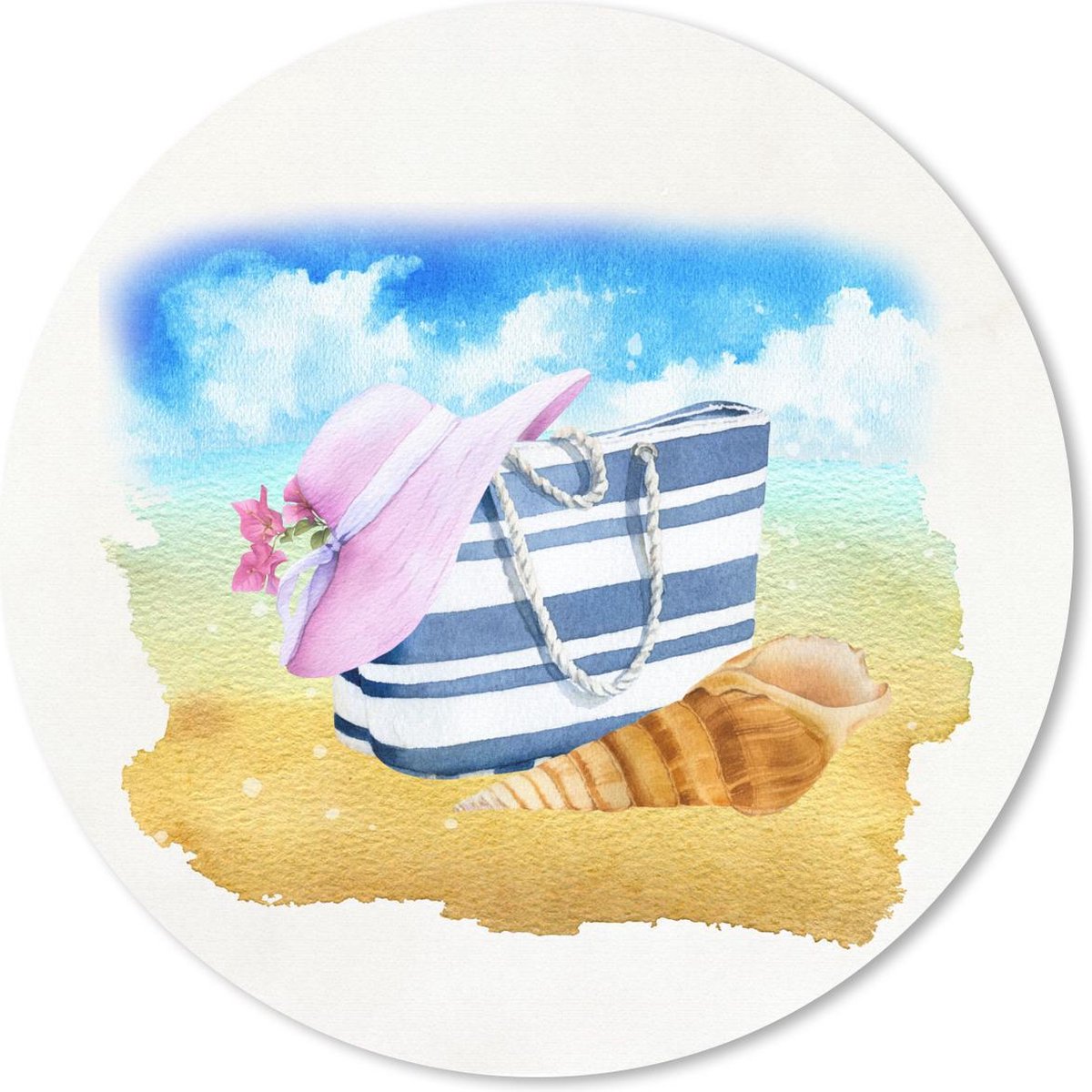 Muismat rond 20x20 cm - Mousepad Strandtas - Hoed - Schelp - Strand - Ronde muismatten