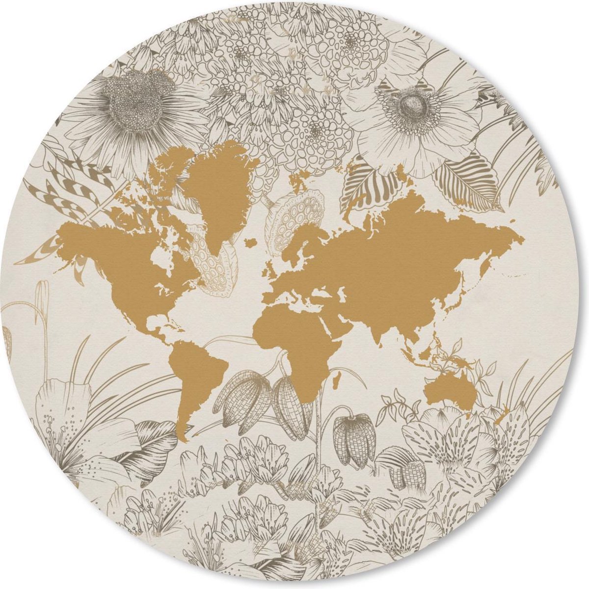 Muismat rond 20x20 cm - Mousepad Wereldkaart - Bloem - Goud - Ronde muismatten