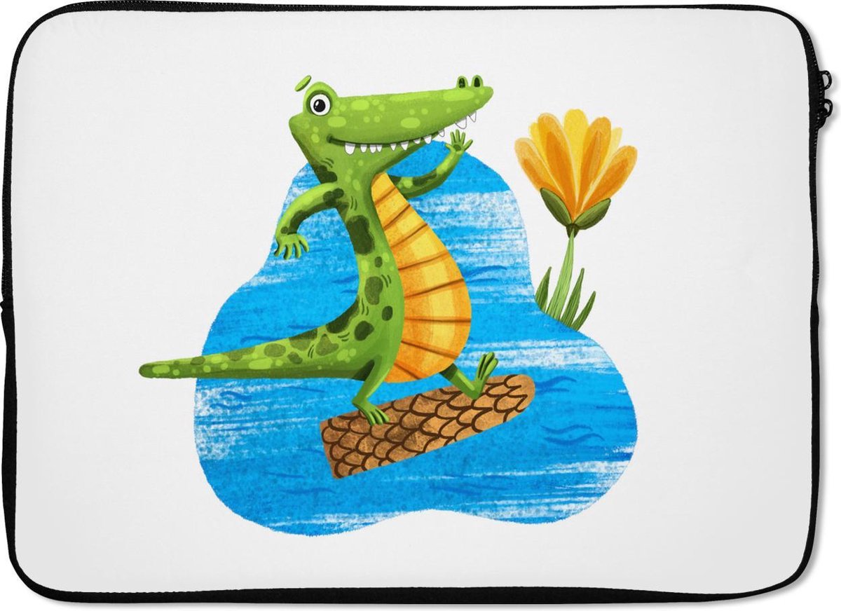 Laptophoes 13 inch - Krokodil - Water - Jungle - Laptop sleeve - Binnenmaat 32x22,5 cm - Zwarte achterkant
